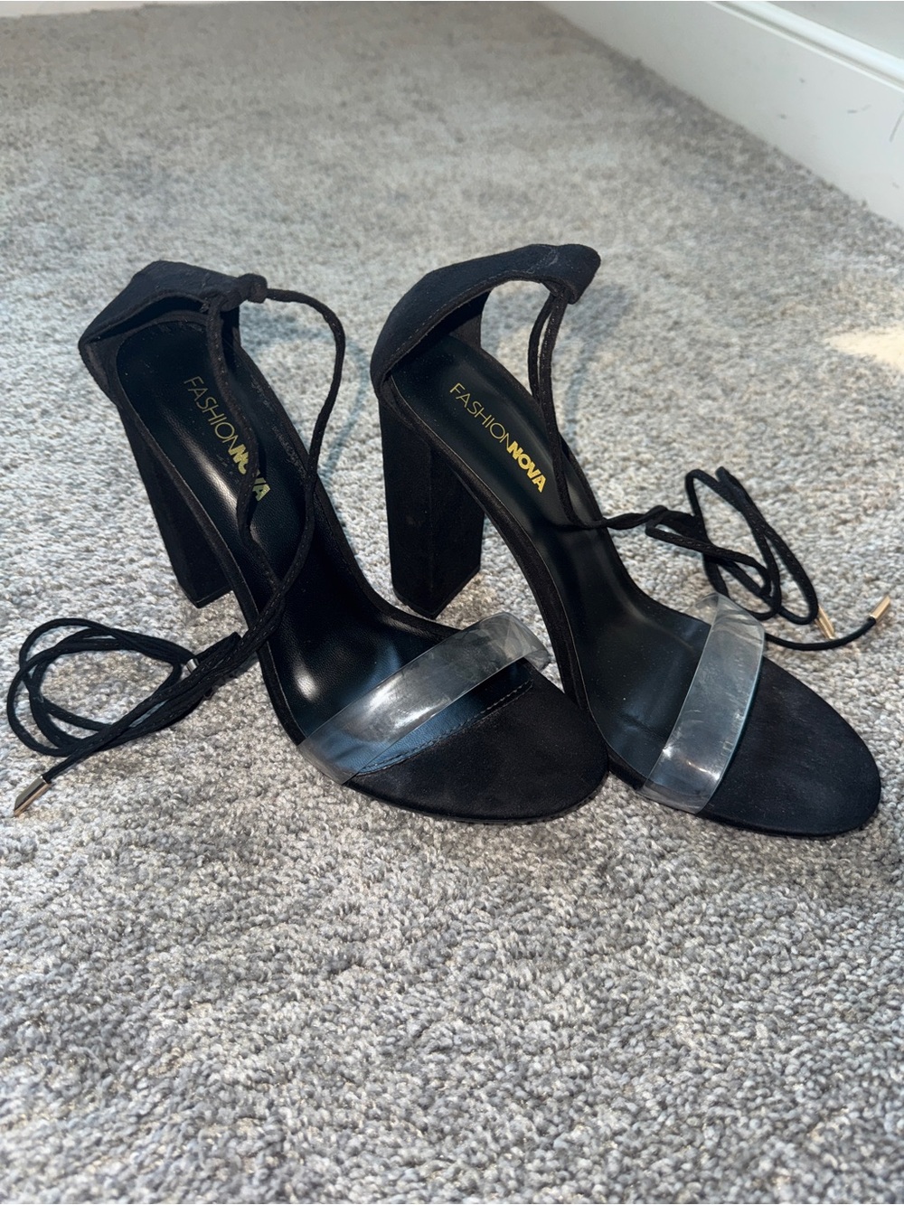 Fashion Nova Black Clear Strap Lace-Up Heels | Size 9